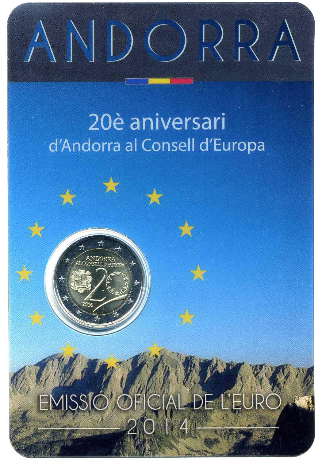 2 euros conmemorativa 20 Aniversario del Ingreso de Andorra en el Consejo de Europa Año 2014